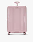 Blush pink hardshell large checked suitcase shown from the front
