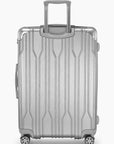 Rear view of a silver Bell Weather large checked suitcase with its telescoping handle extended.