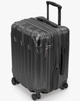 Angled view of a black Bell Weather carry-on with its expansion section open.