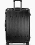 Rear view of a black Bell Weather large checked suitcase with its telescoping handle extended.