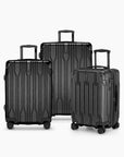 Black Bell Weather three-piece luggage set with carry-on, medium checked and large checked suitcases.