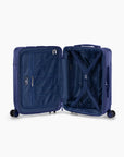 Open navy Bell Weather carry-on with navy lining, a zippered divider and tie-down straps.