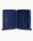 Open navy Bell Weather large checked suitcase with navy lining, a zippered divider and tie-down straps.
