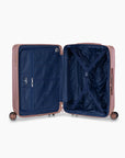 Open rose gold Bell Weather medium checked suitcase with navy lining, a zippered divider and tie-down straps.