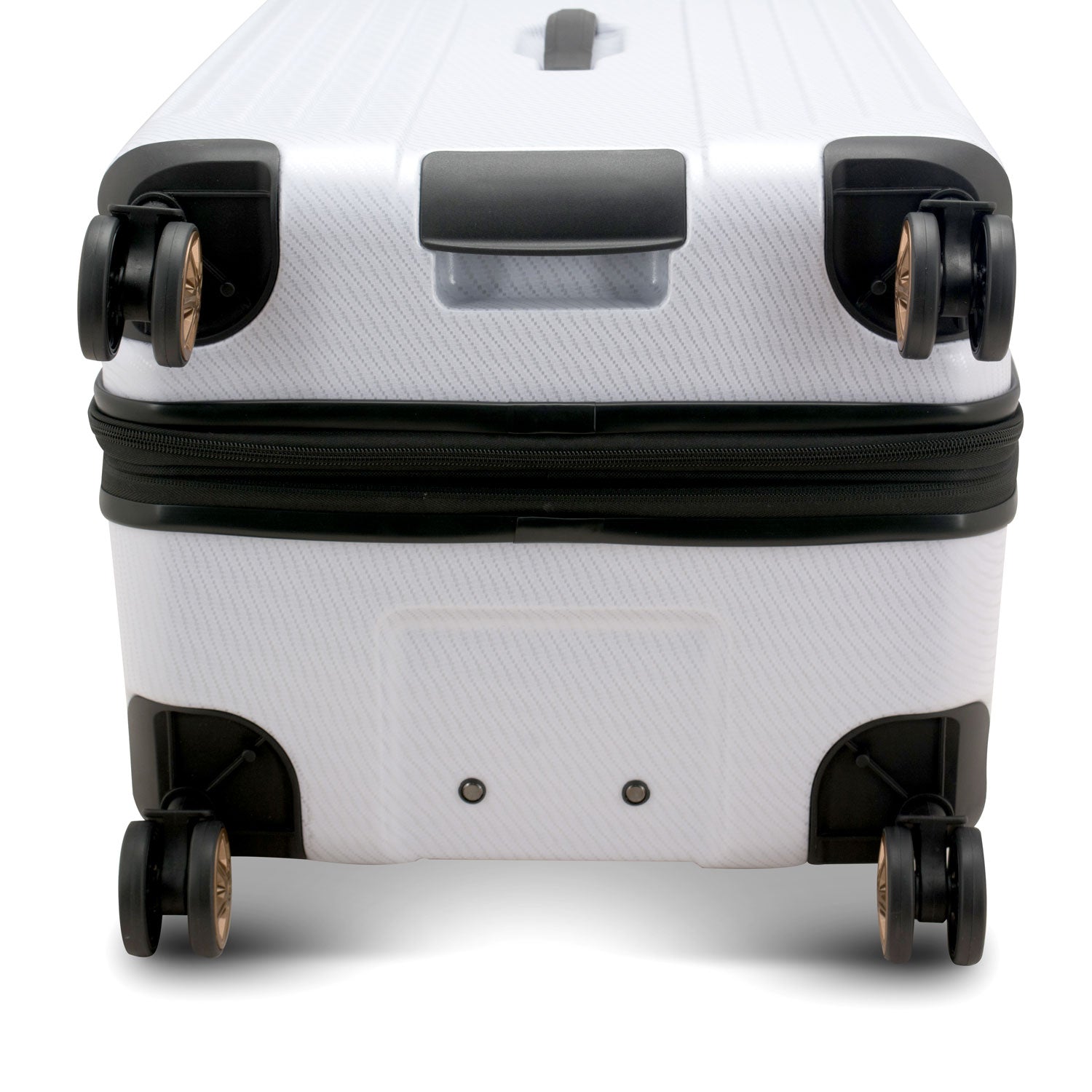 An image of the bottom of the white trunk. It shows the wheels with a bottom handle for easy gripping off the carousel.