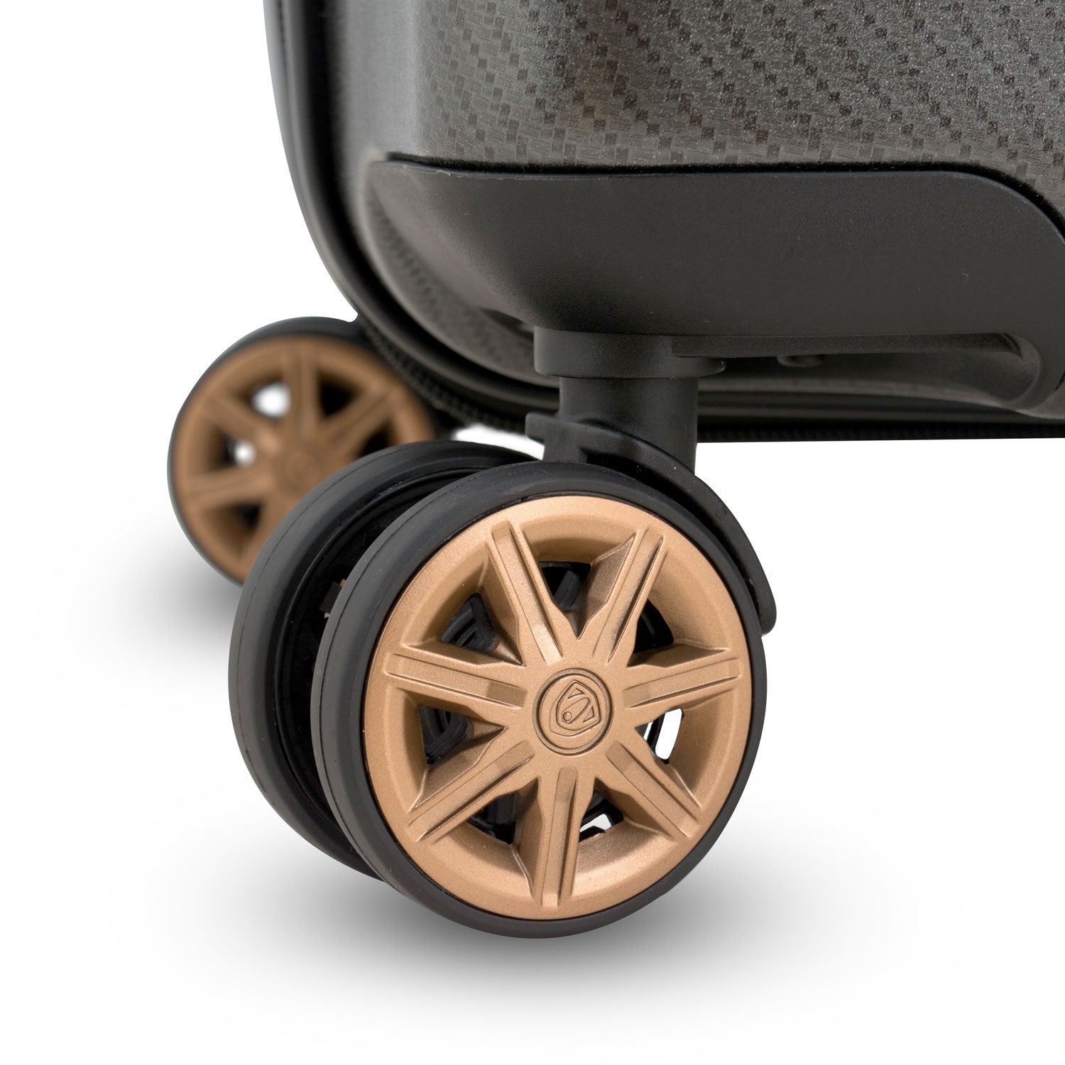 An image of the gray luggage with golden wheels.