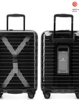 An image of a black transparent luggage with a space for a portable charger.  