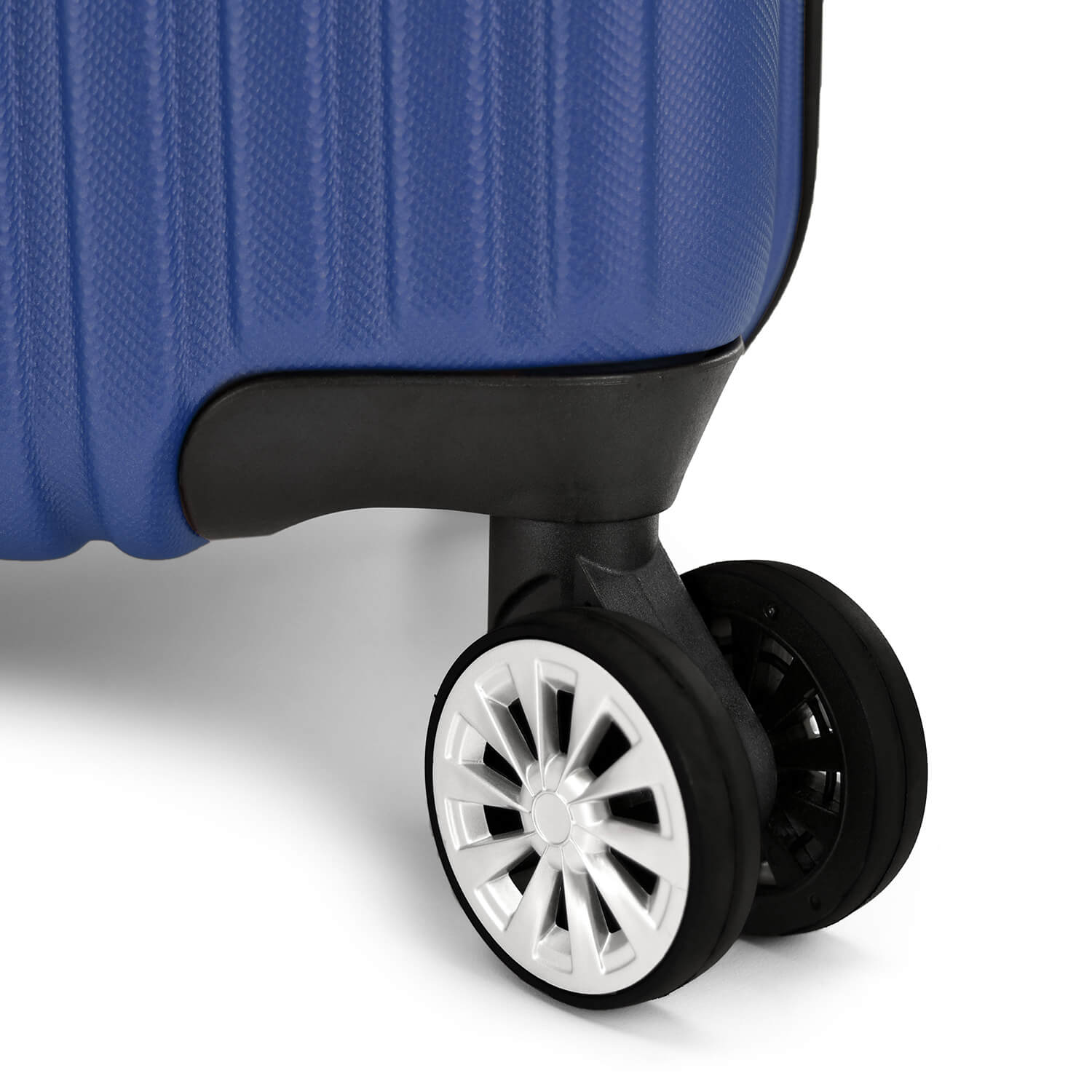 An image of a blue luggage and its wheels.