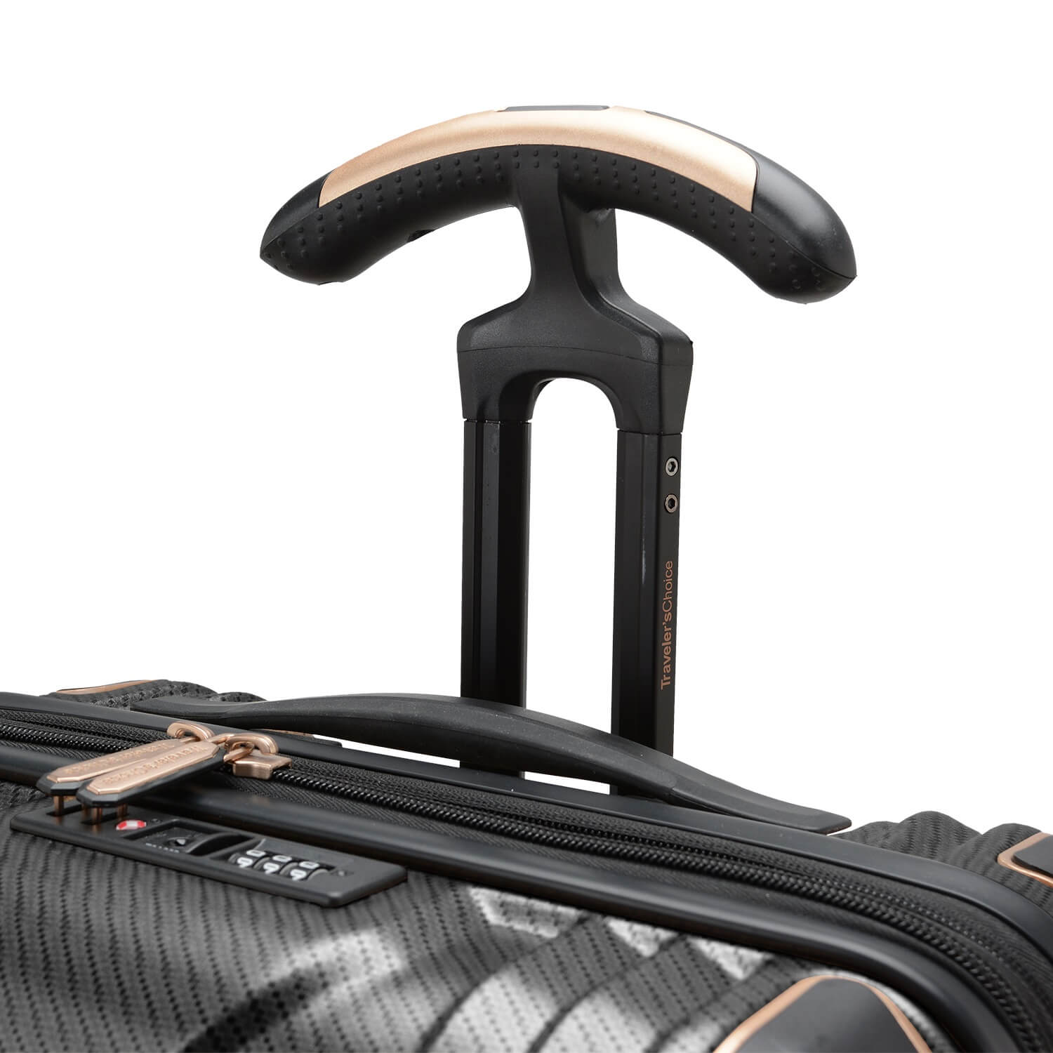 An image of a black luggage with a gold handle.