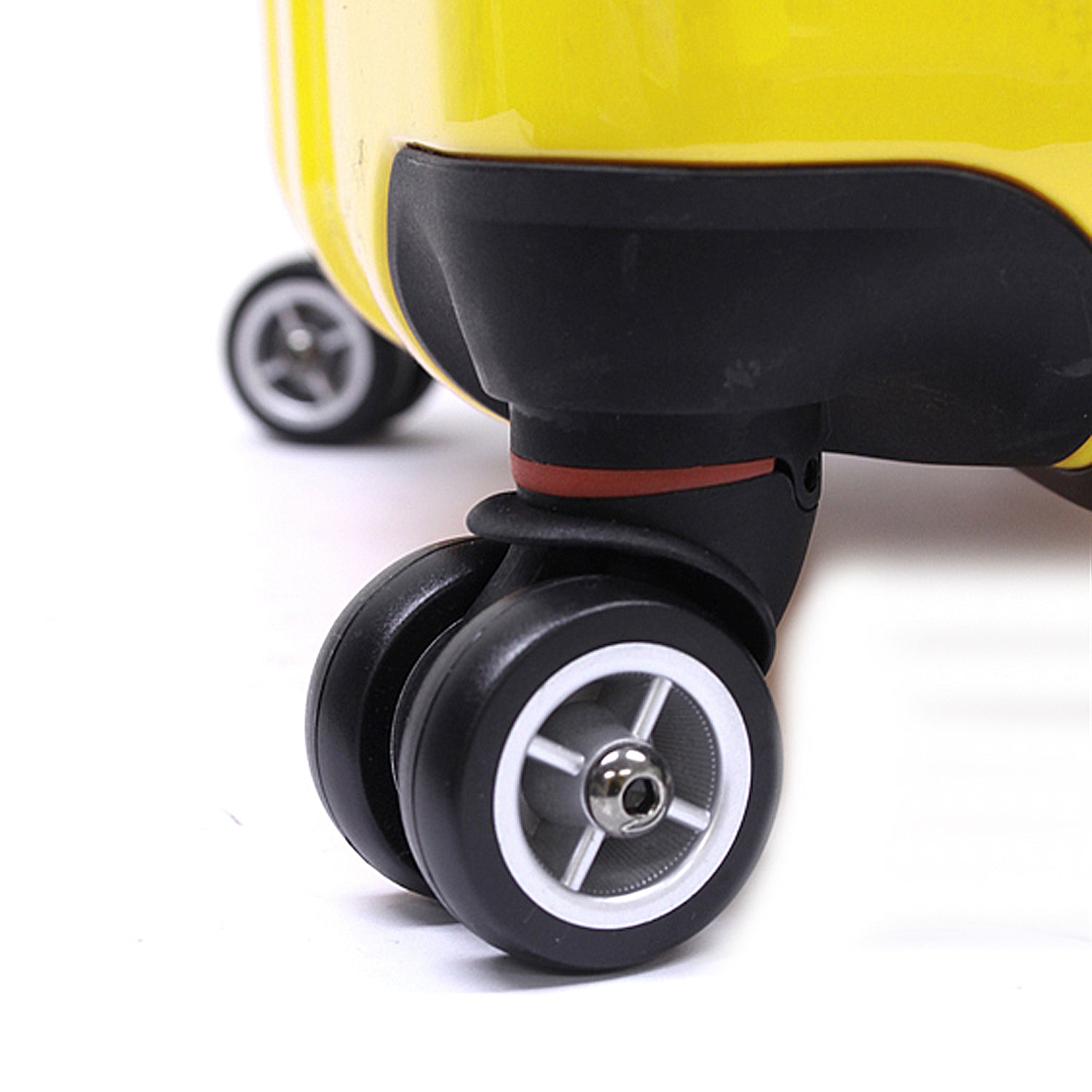 An image of a yellow luggage with black wheels.