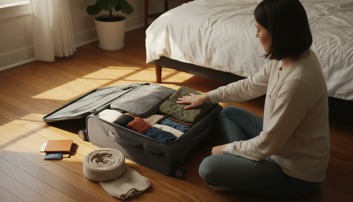 woman packing for a trip in bedroom
