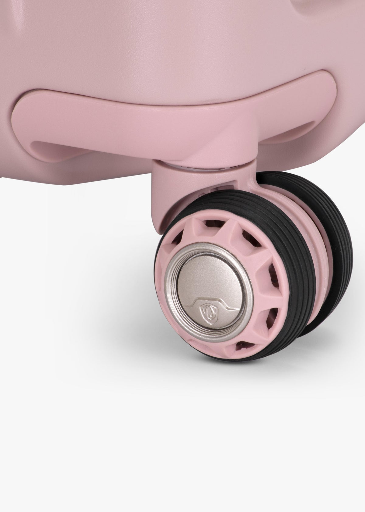 Close-up of a spinner wheel on the Blush Ultimax II 30-inch large checked suitcase.