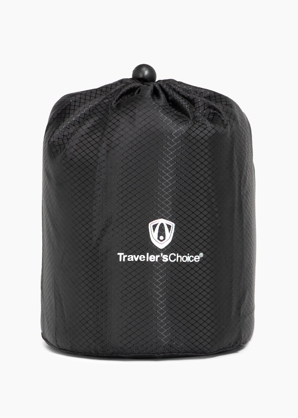 Black drawstring travel bag with the Traveler's Choice logo
