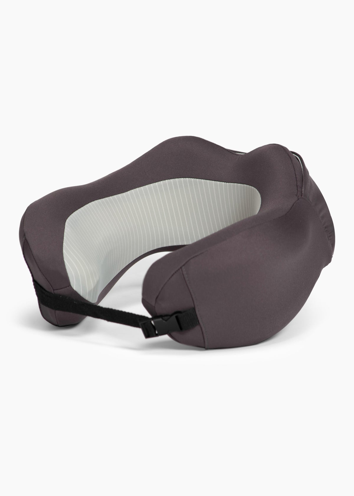 Charcoal gray memory foam travel pillow with a light gray striped lining and a black buckle strap