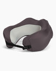 Charcoal gray memory foam travel pillow with a light gray striped lining and a black buckle strap