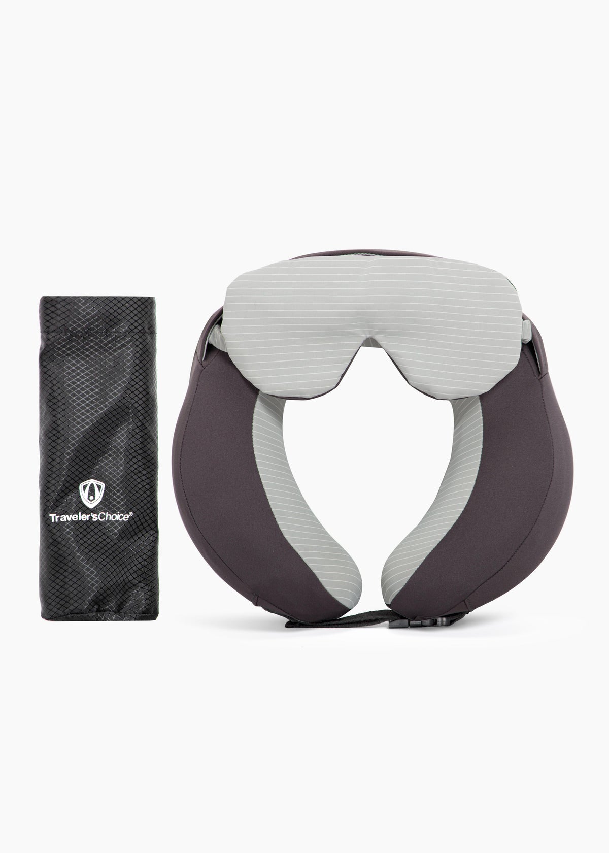 The Travel Pillow and eye mask next to the black Traveler's Choice travel bag