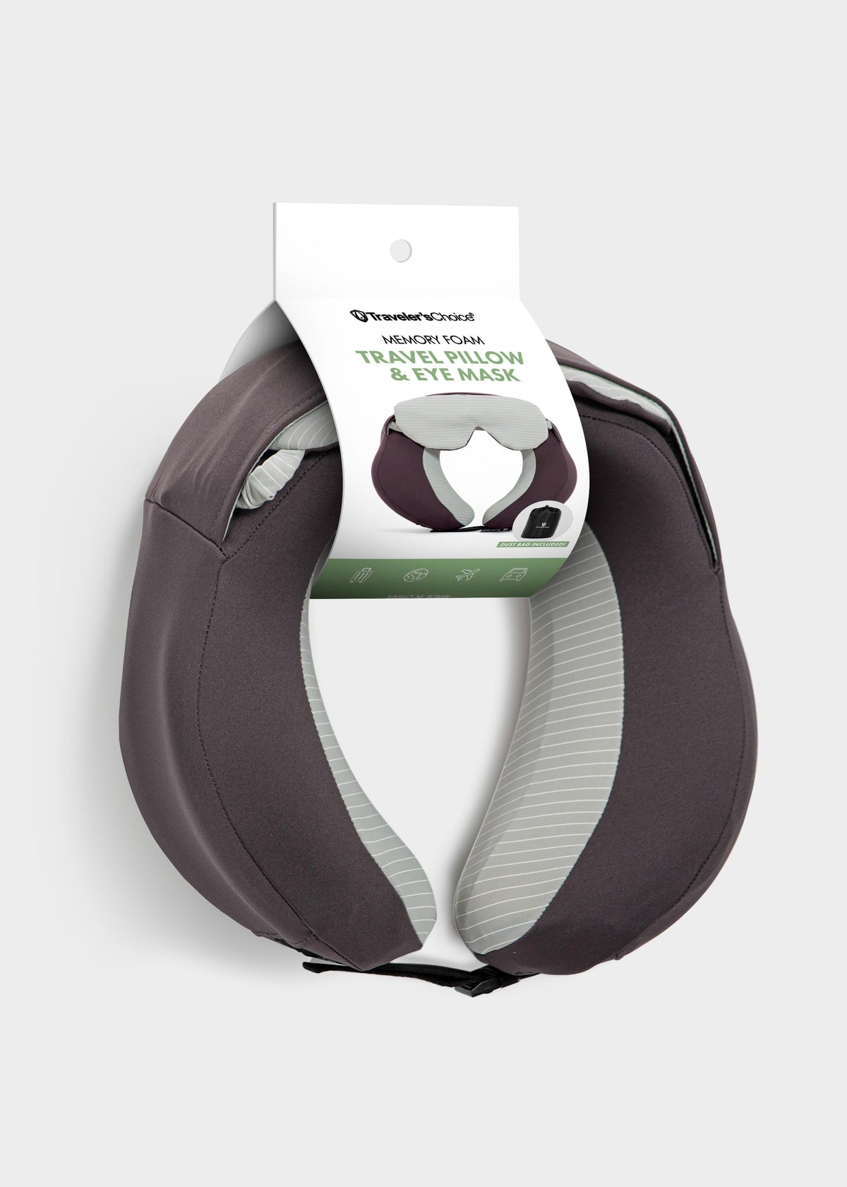 The Travel Pillow with its Traveler's Choice tag reading Memory Foam Travel Pillow & Eye Mask