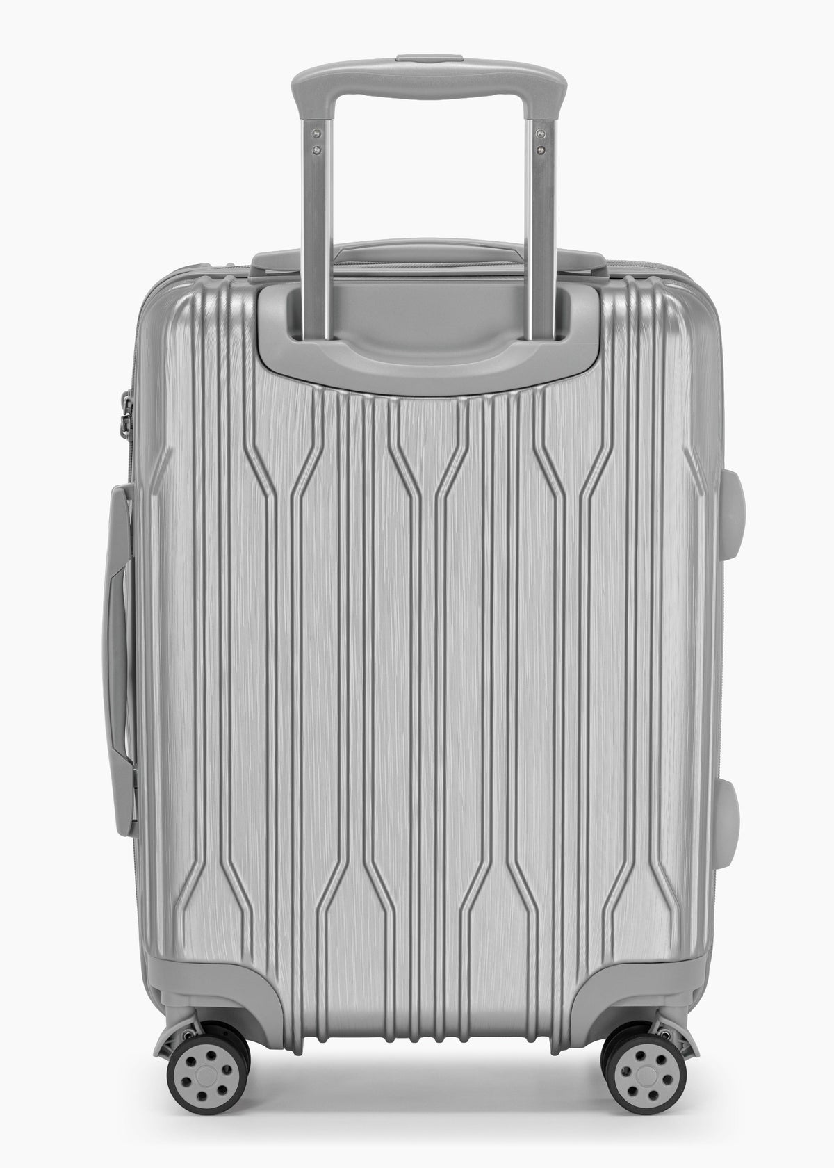 Rear view of a silver Bell Weather carry-on with its telescoping handle extended.