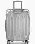 Rear view of a silver Bell Weather medium checked suitcase with its telescoping handle extended.
