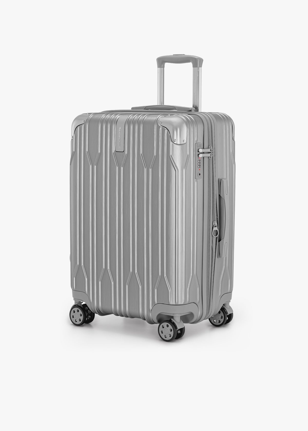 Angled front view of a silver Bell Weather medium checked suitcase with its telescoping handle extended.