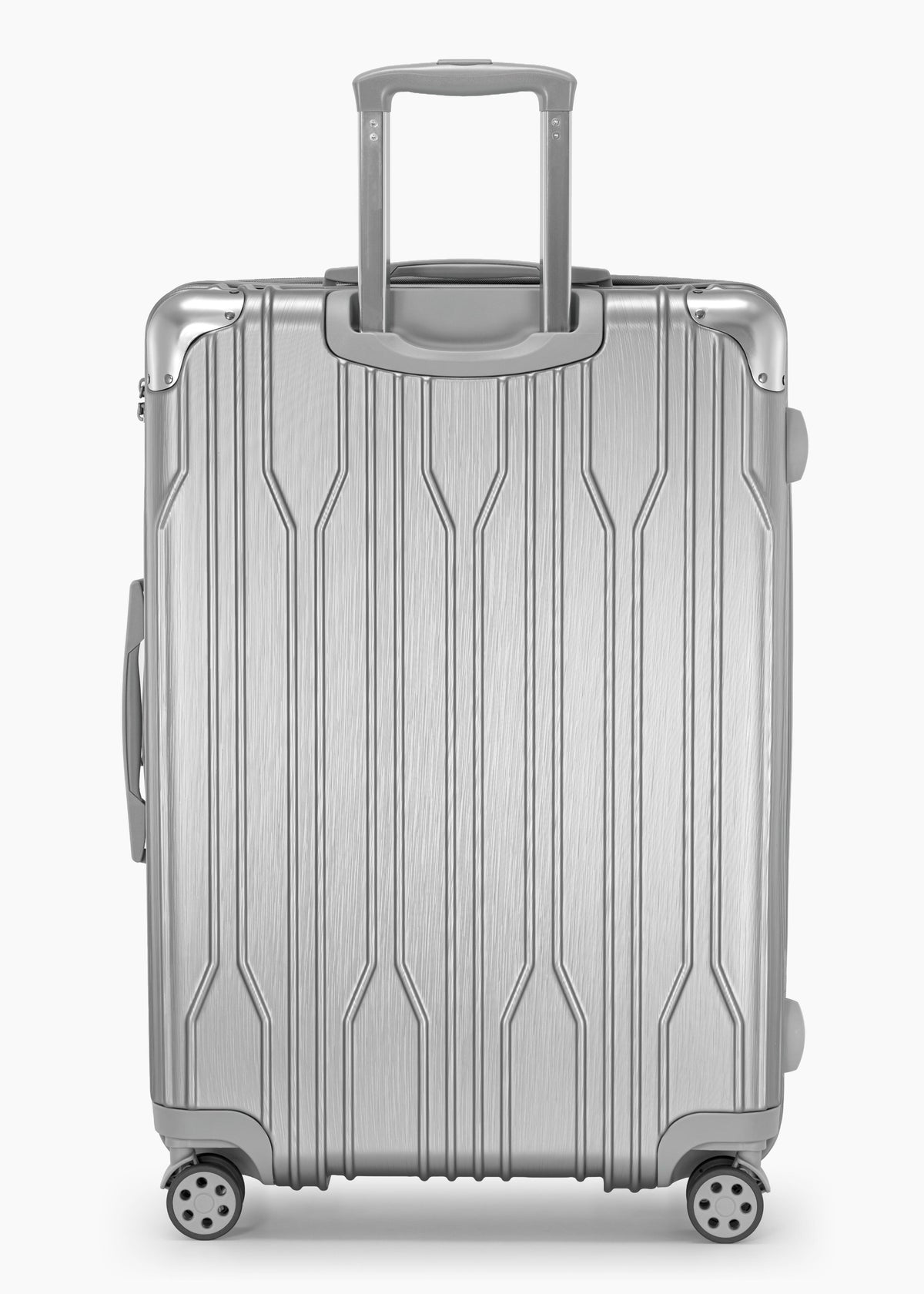 Rear view of a silver Bell Weather large checked suitcase with its telescoping handle extended.