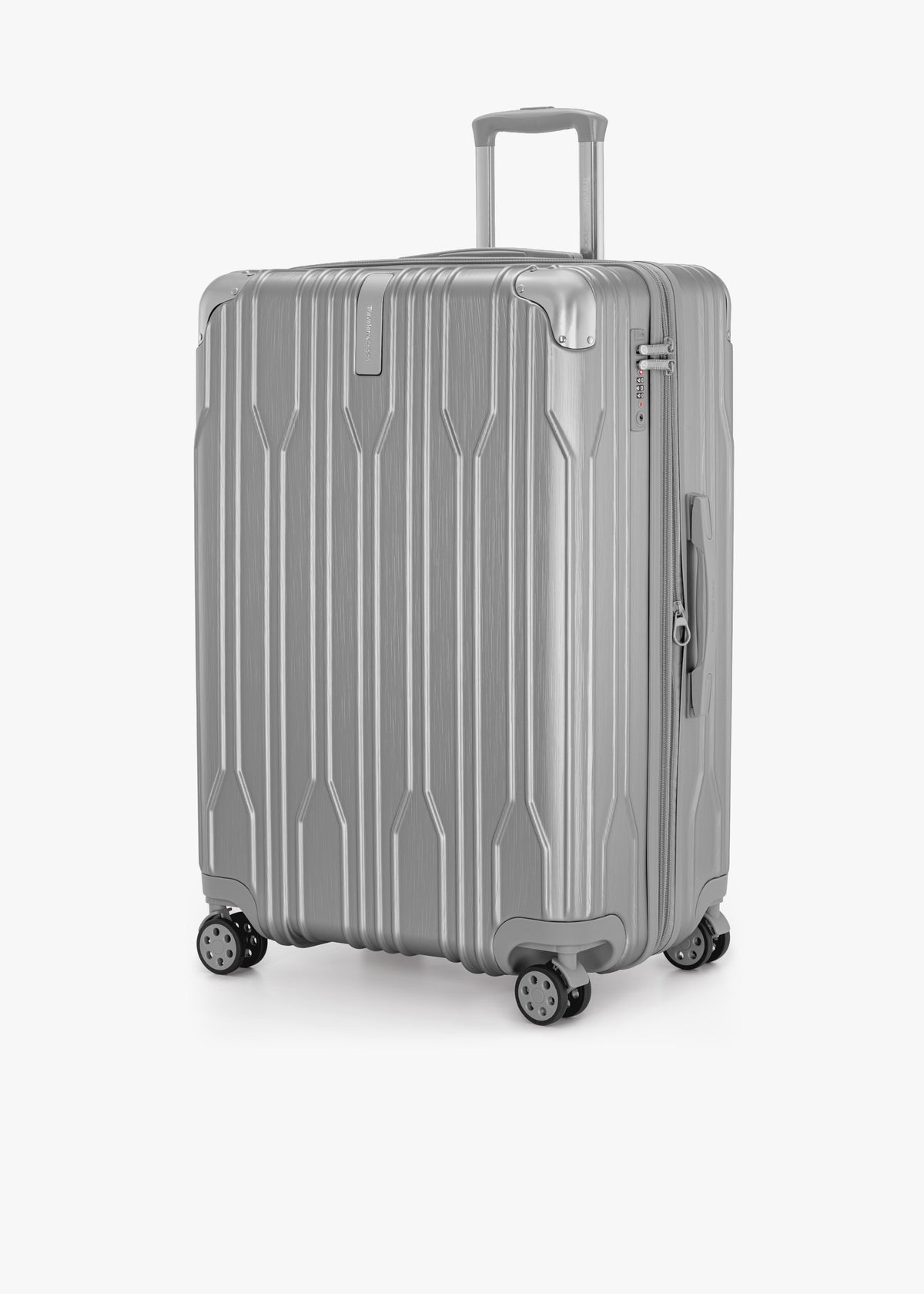 Angled front view of a silver Bell Weather large checked suitcase with its telescoping handle extended.