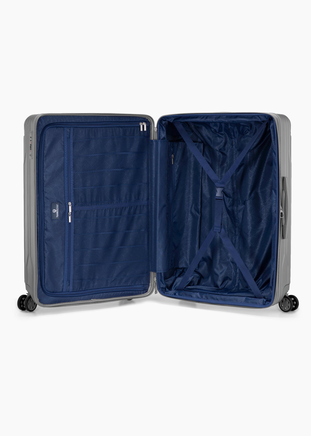 Open silver Bell Weather large checked suitcase with navy lining, a zippered divider and tie-down straps.
