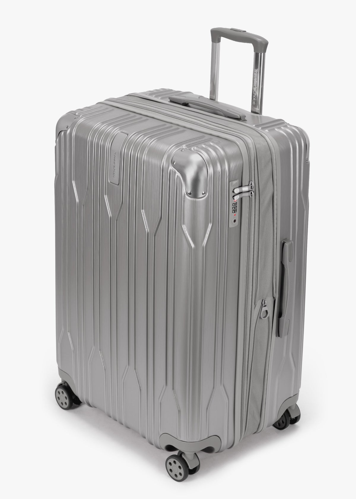 Angled view of a silver Bell Weather large checked suitcase with its expansion section open.
