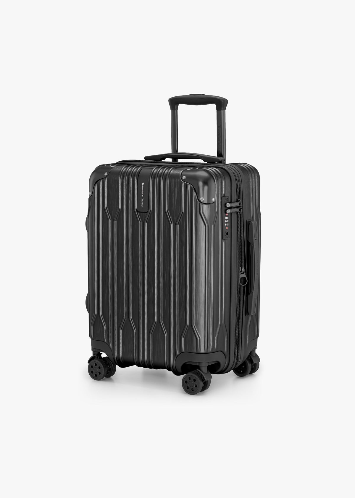 Angled front view of a black Bell Weather carry-on with its telescoping handle extended.
