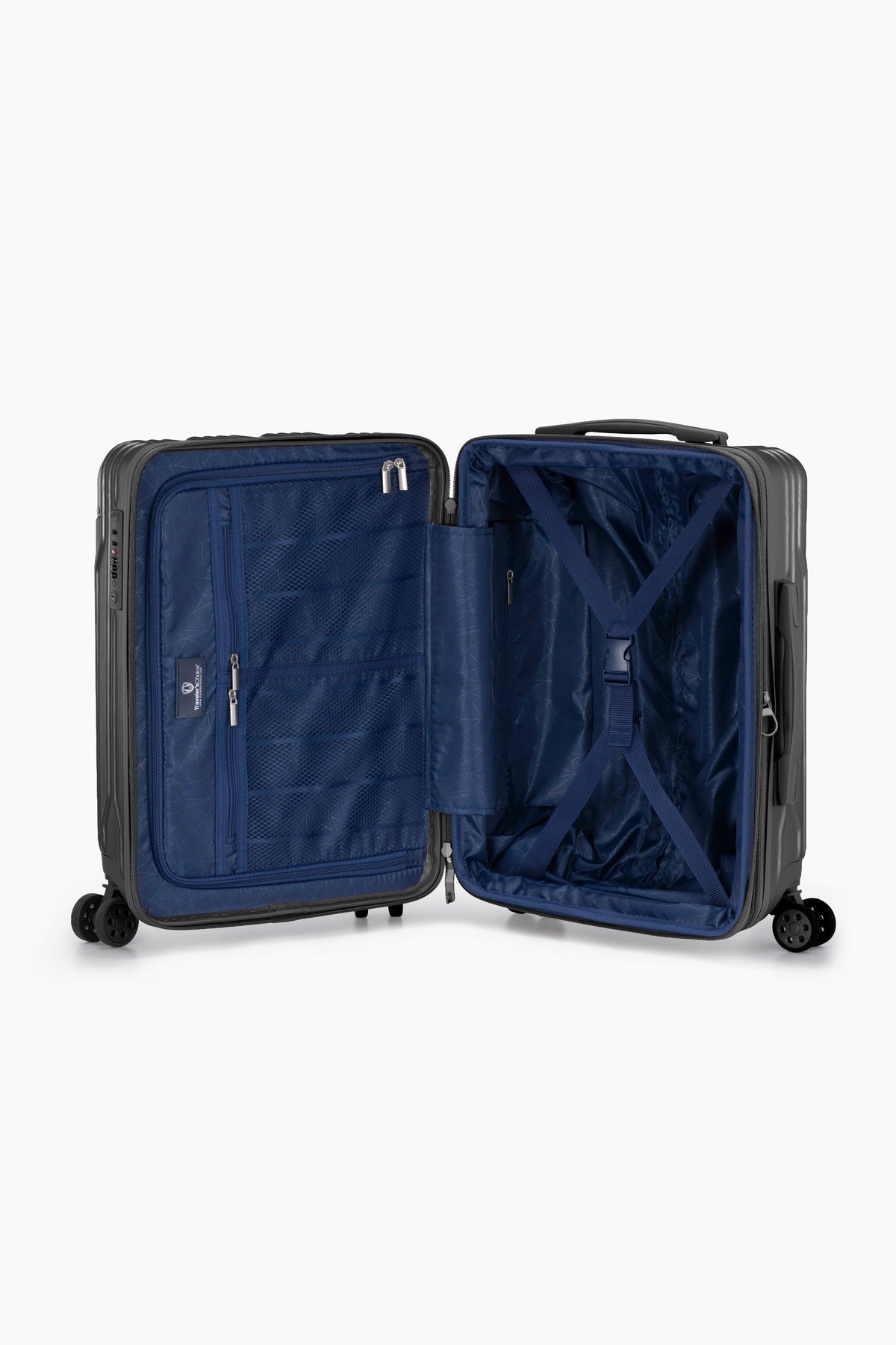 Open black Bell Weather carry-on with navy lining, a zippered divider and tie-down straps.