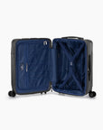Open black Bell Weather carry-on with navy lining, a zippered divider and tie-down straps.