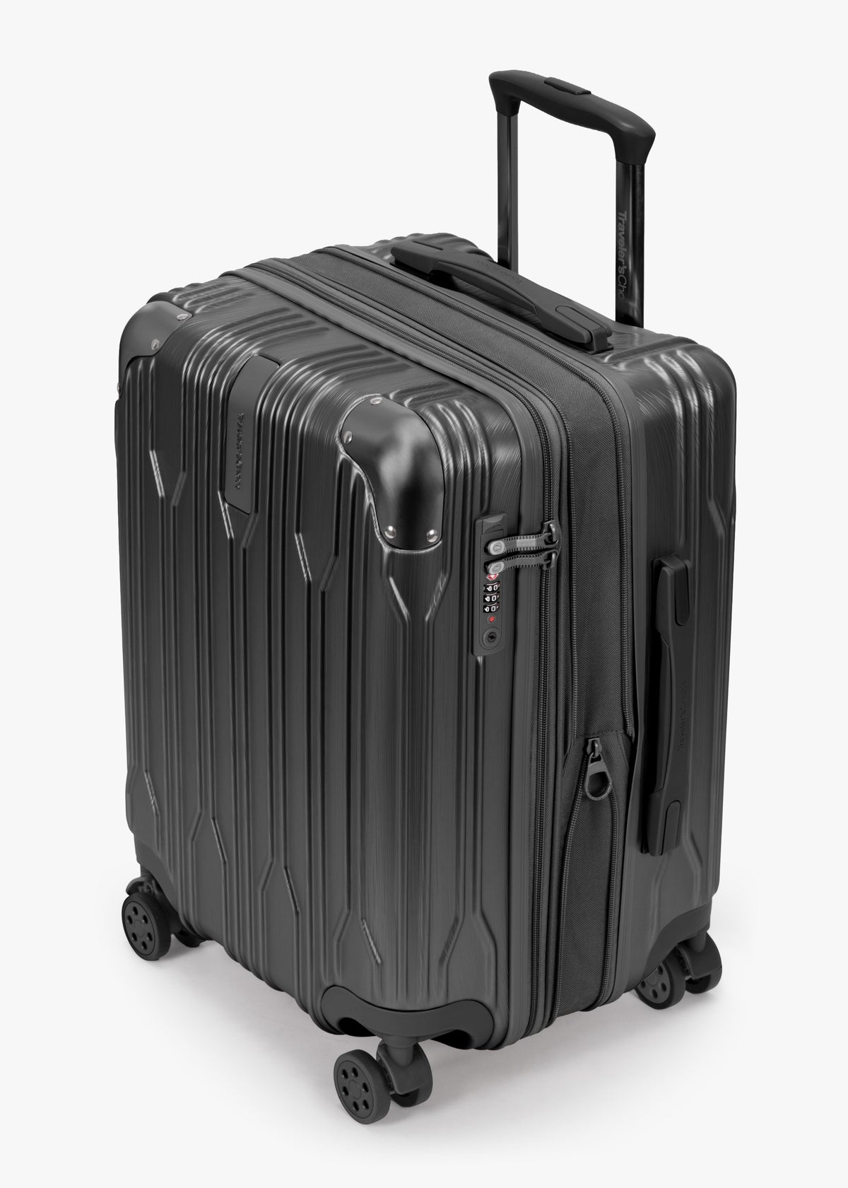 Angled view of a black Bell Weather carry-on with its expansion section open.