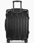 Rear view of a black Bell Weather medium checked suitcase with its telescoping handle extended.