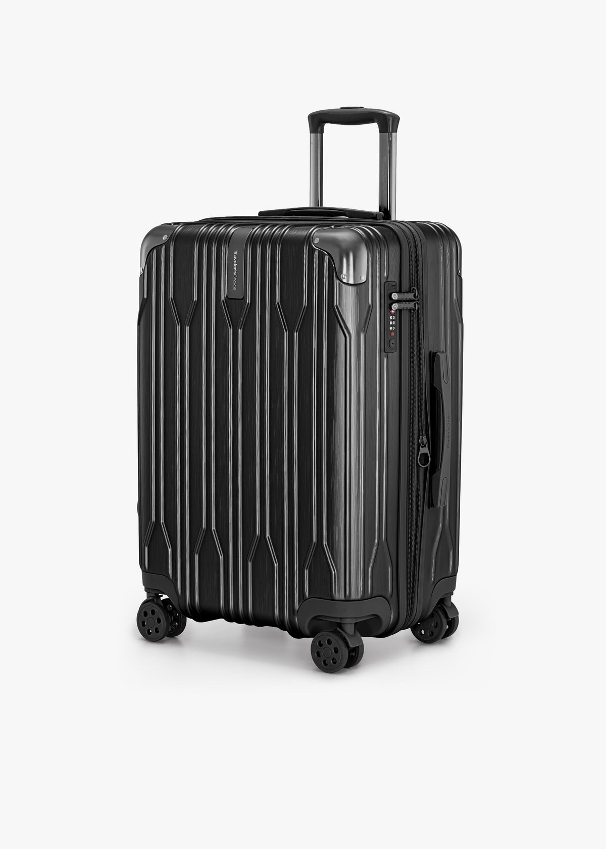 Angled front view of a black Bell Weather medium checked suitcase with its telescoping handle extended.