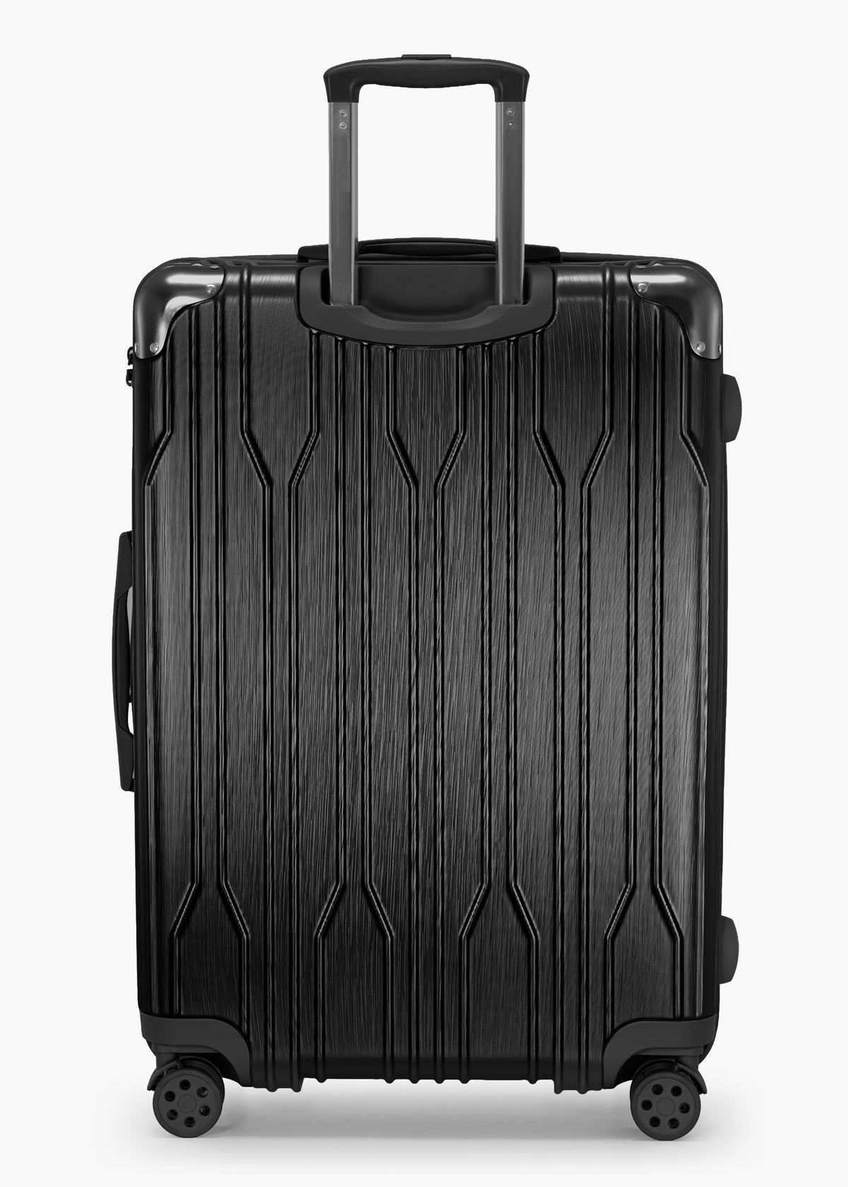 Rear view of a black Bell Weather large checked suitcase with its telescoping handle extended.