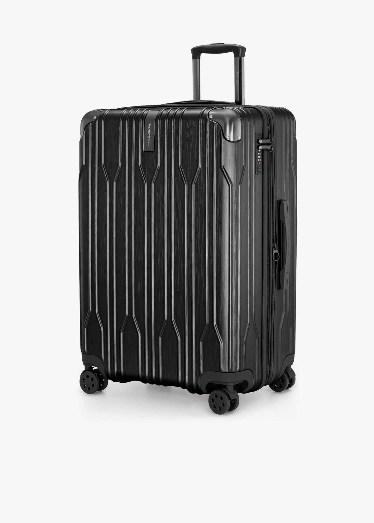 Angled front view of a black Bell Weather large checked suitcase with its telescoping handle extended.