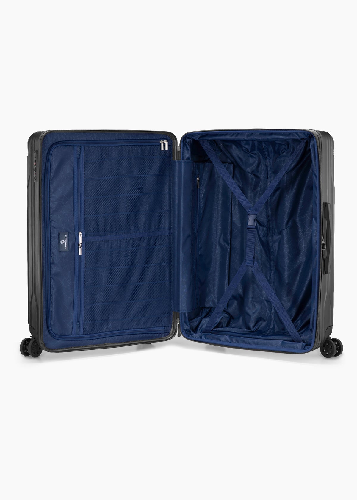 Open black Bell Weather large checked suitcase with navy lining, a zippered divider and tie-down straps.