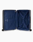 Open black Bell Weather large checked suitcase with navy lining, a zippered divider and tie-down straps.