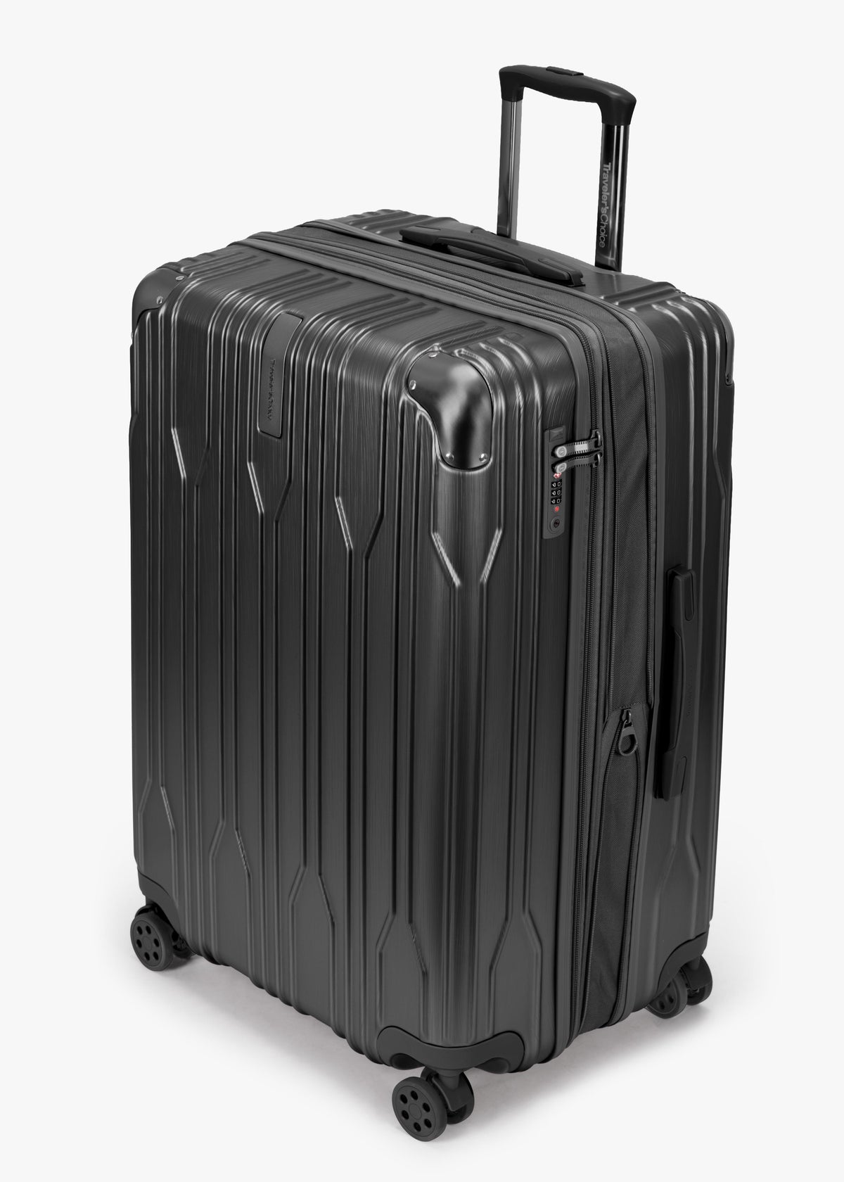 Angled view of a black Bell Weather large checked suitcase with its expansion section open.