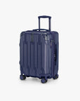 Angled front view of a navy Bell Weather carry-on with its telescoping handle extended.