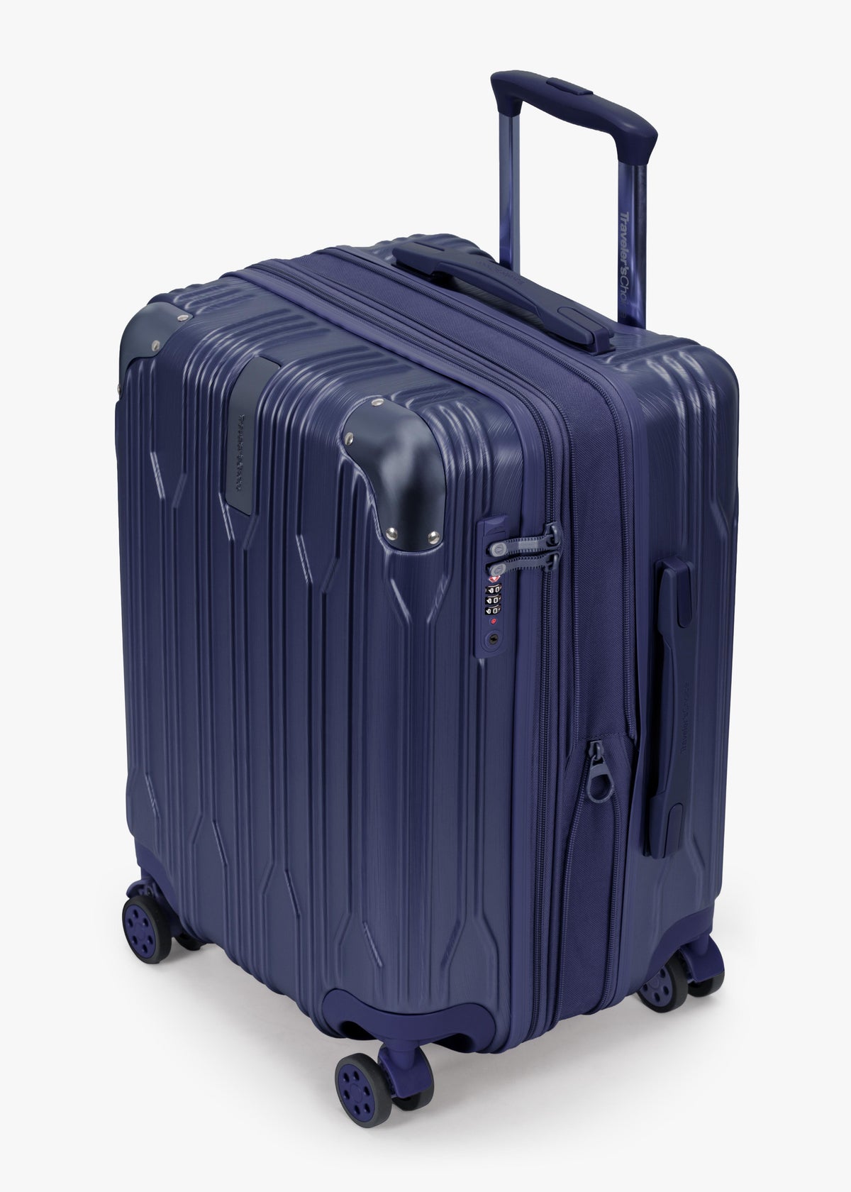 Angled view of a navy Bell Weather carry-on with its expansion section open.