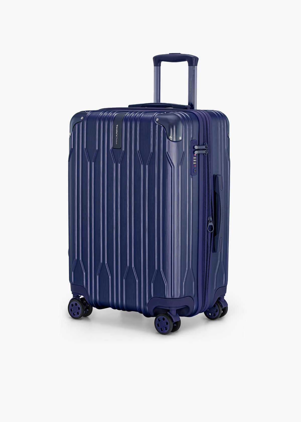 Angled front view of a navy Bell Weather medium checked suitcase with its telescoping handle extended.