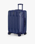 Angled front view of a navy Bell Weather medium checked suitcase with its telescoping handle extended.