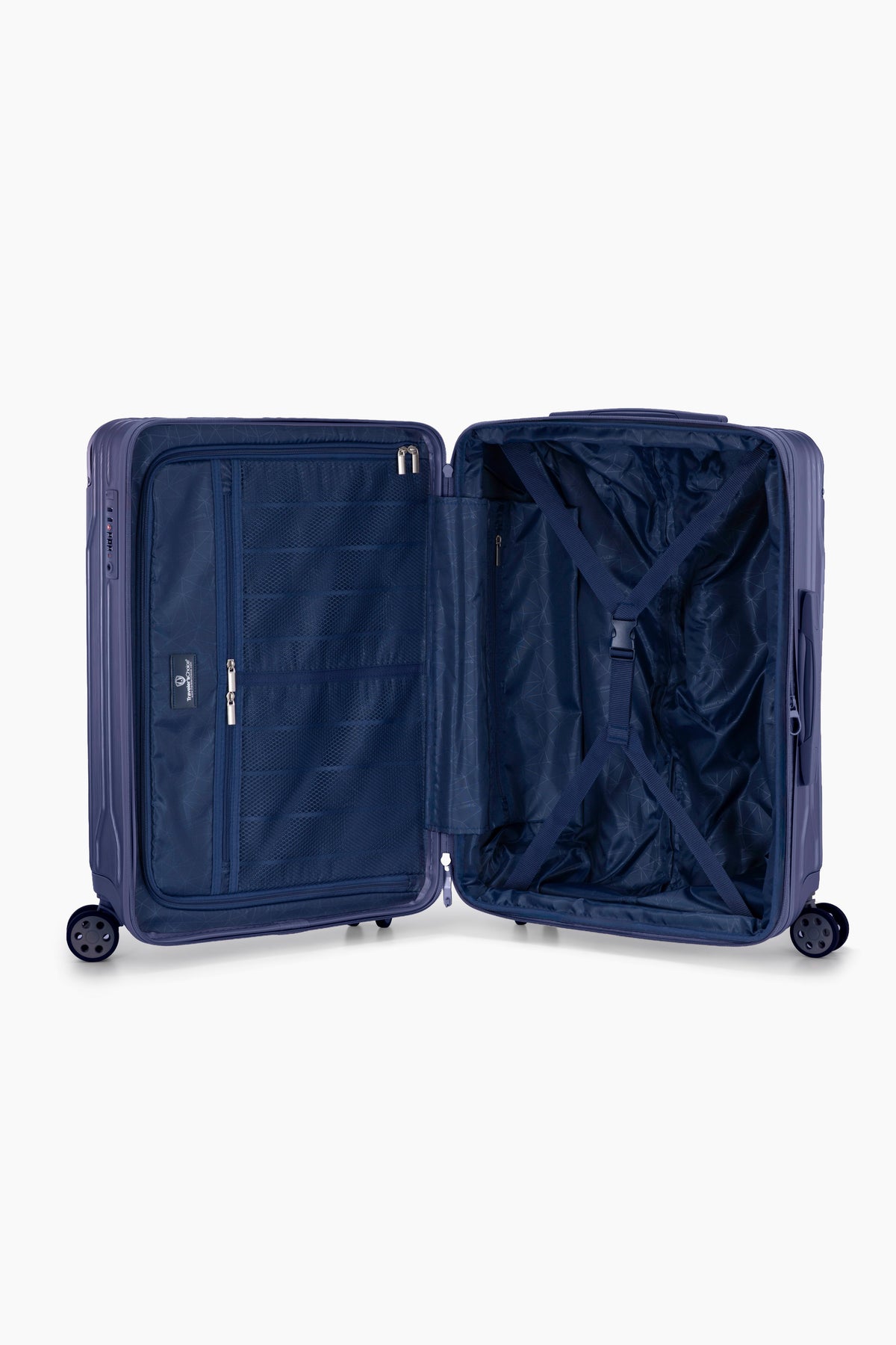 Open navy Bell Weather medium checked suitcase with navy lining, a zippered divider and tie-down straps.