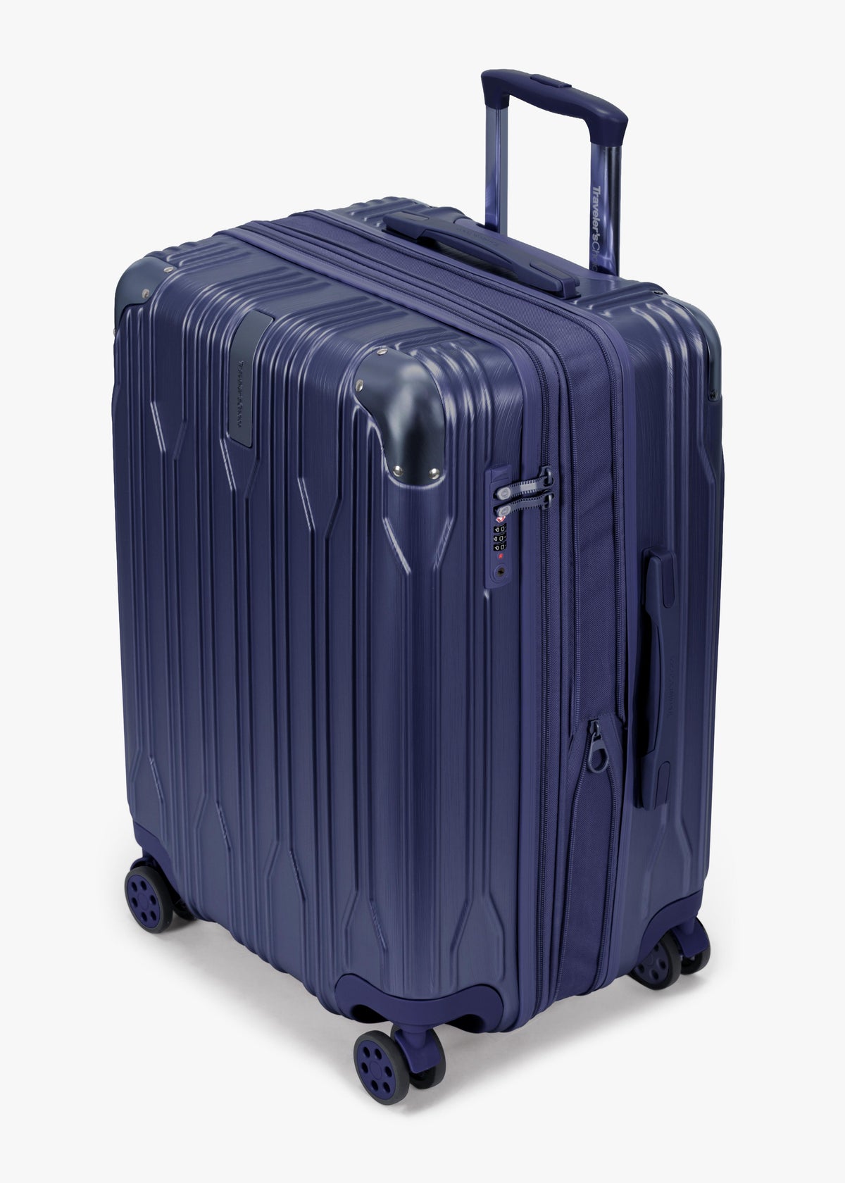 Angled view of a navy Bell Weather medium checked suitcase with its expansion section open.