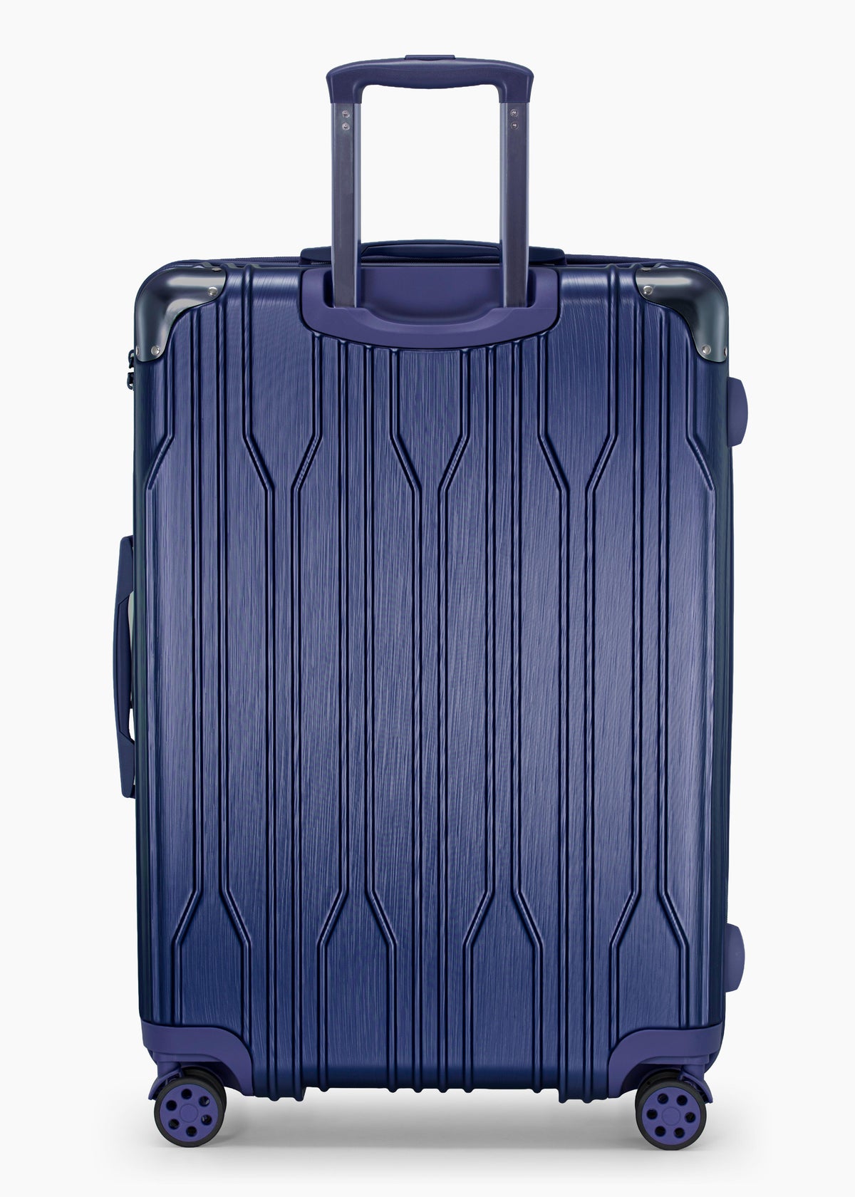 Rear view of a navy Bell Weather large checked suitcase with its telescoping handle extended.