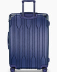 Rear view of a navy Bell Weather large checked suitcase with its telescoping handle extended.