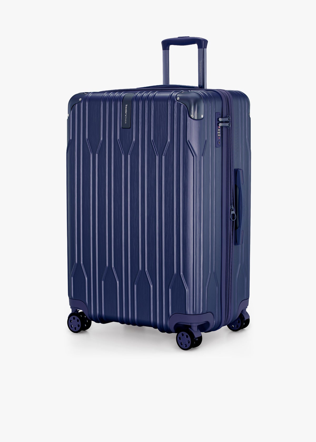 Angled front view of a navy Bell Weather large checked suitcase with its telescoping handle extended.