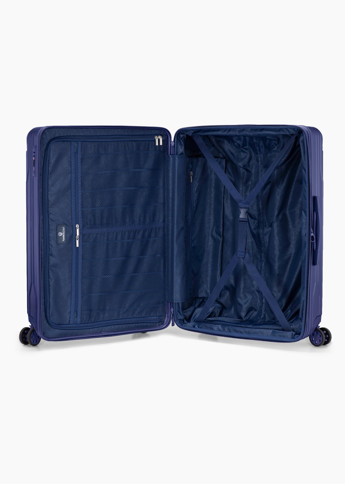 Open navy Bell Weather large checked suitcase with navy lining, a zippered divider and tie-down straps.