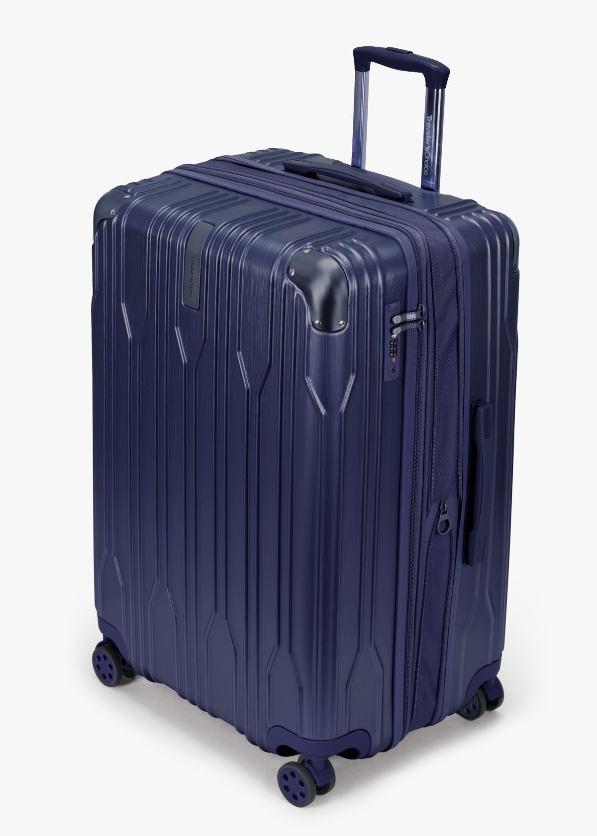 Angled view of a navy Bell Weather large checked suitcase with its expansion section open.